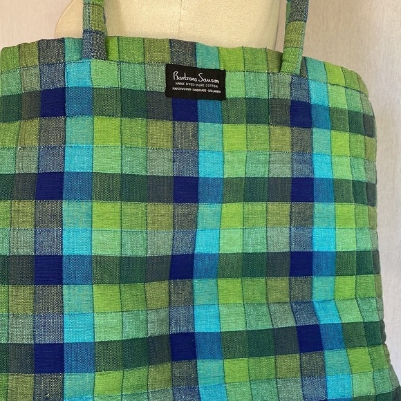 Barbara Samsoni Pure Cotton handmade blue green checkered tote shopping bag - Picture 4 of 5